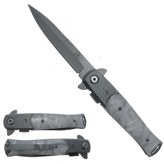 7" Overall Spring Assisted Knife Black w/White Faux Marble Handle