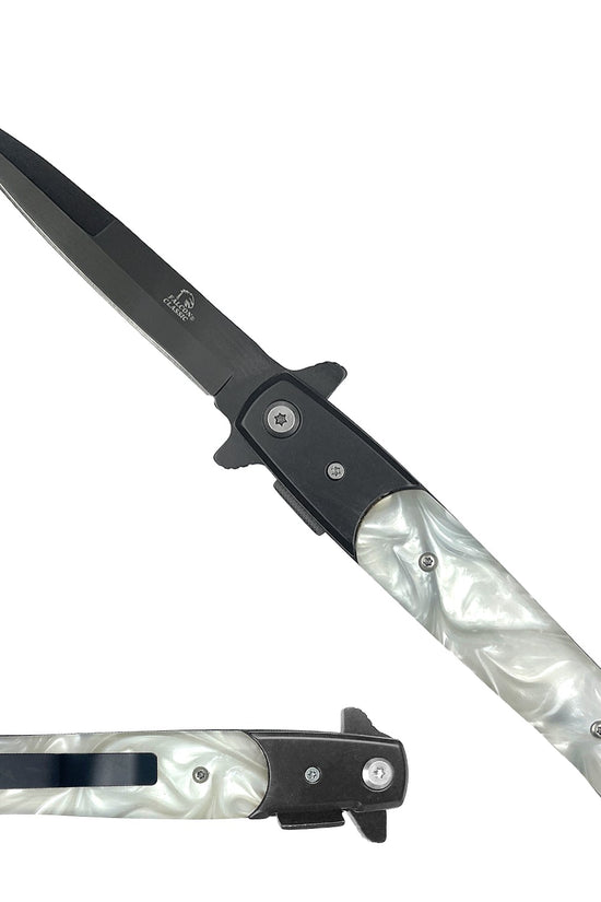 Falcon 4" Black Blade / White Marble Handle / Assisted Knife