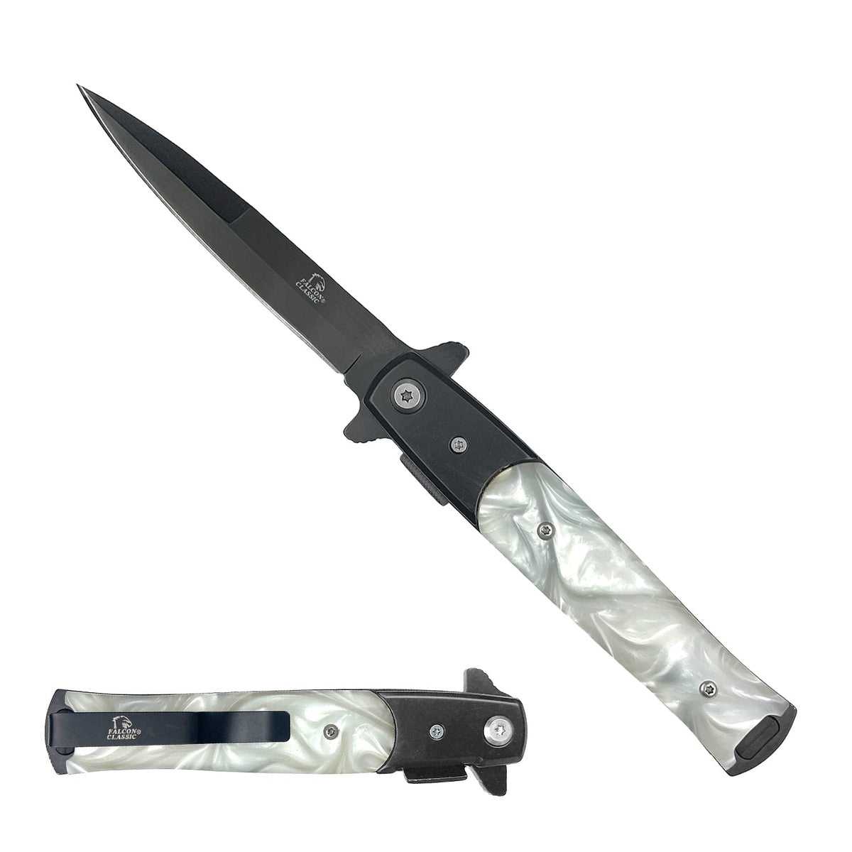 Falcon 4" Black Blade / White Marble Handle / Assisted Knife