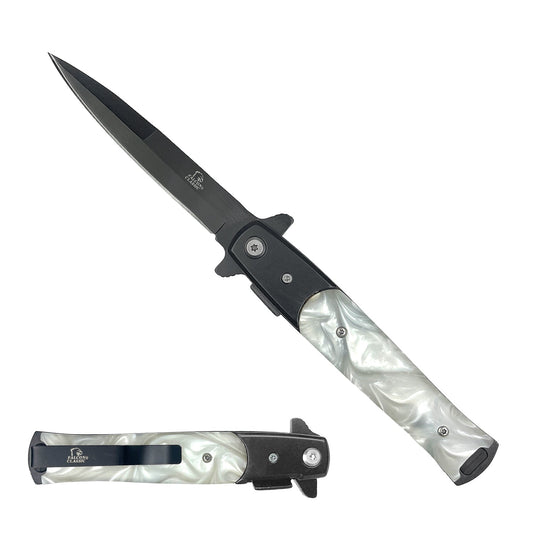 Falcon 4" Black Blade / White Marble Handle / Assisted Knife