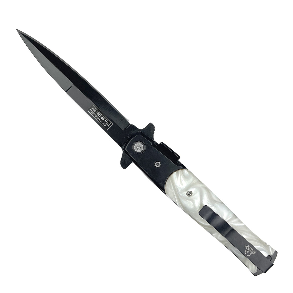 Falcon 4" Black Blade / White Marble Handle / Assisted Knife