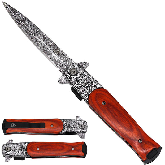 Falcon Damascus Pattern Spring Assisted Pocket Knife - Cola Wood Handle Design 1 - Pacific Solution wholesale pocket knife SKU KS1107DM-1
