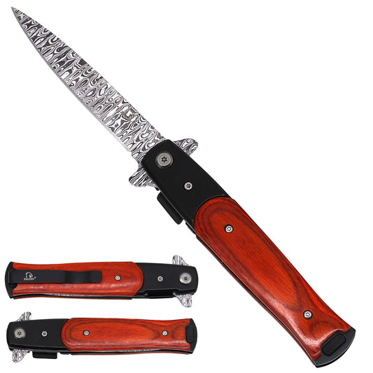 Falcon Damascus Pattern Spring Assisted Pocket Knife - Cola Wood Handle Design 2 - Pacific Solution wholesale pocket knife SKU KS1107DM-2