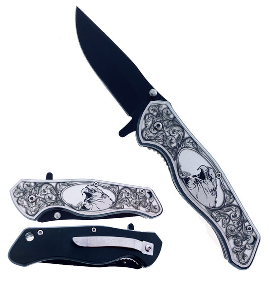 Falcon 7.5" Spring Assisted Knife W/3D Eagle printed Black Reverse Handle