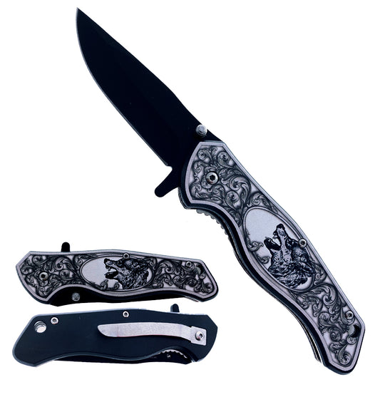 Falcon 7.5" Spring Assisted Knife W/3D Wolf printed Black Reverse Handle