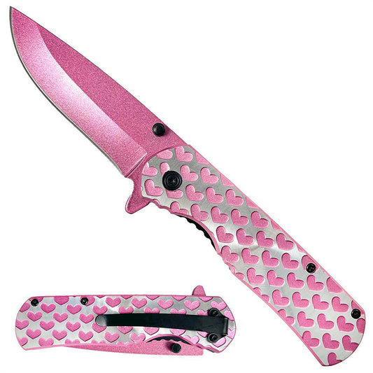 Pink Hearts Engraved Pocket Knife