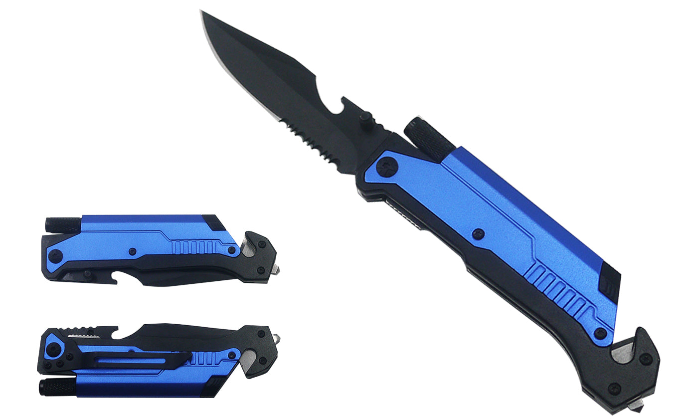 8 1/2" Folding Knife with LED light, cutter, glass breaker