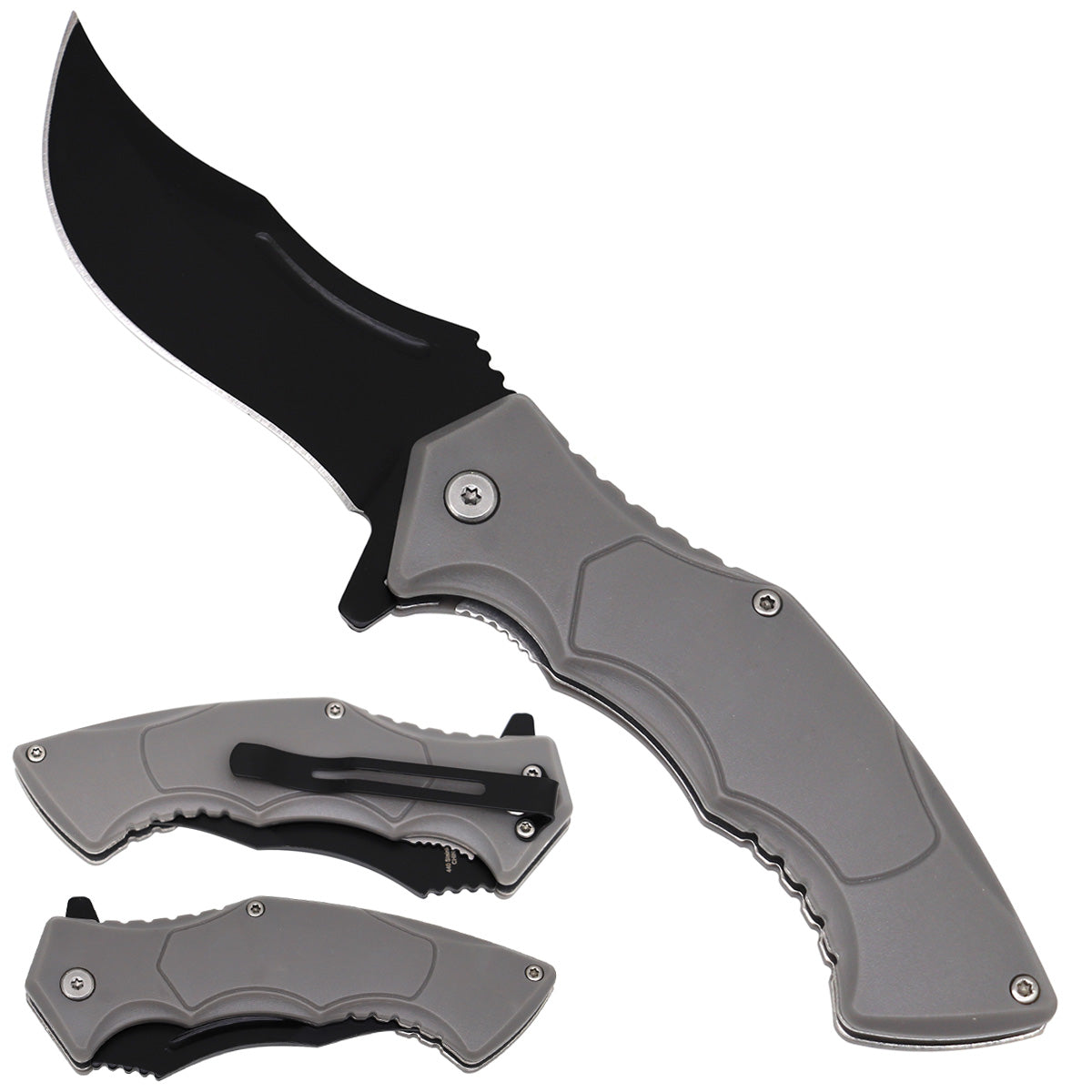 Spring Assisted Gray Pocket Knife - ABS Plastic Handle