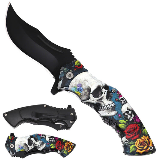 Skulls & Roses Spring Assisted Pocket Knife - ABS Plastic Handle