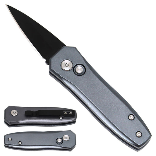 Gray Mini Switchblade folding pocket knife product photo