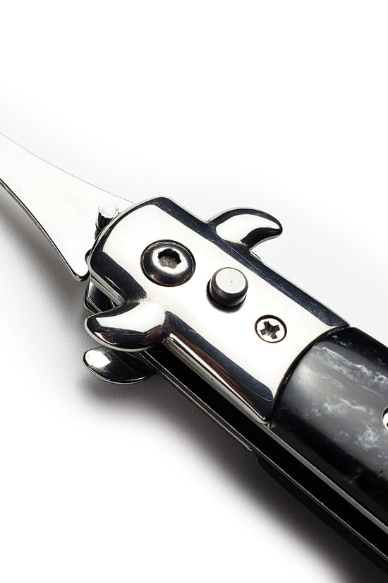 5" Spring Assisted Spoon with faux black marble handle, Gift novelty knife