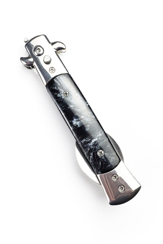 5" Spring Assisted Spoon with faux black marble handle, Gift novelty knife