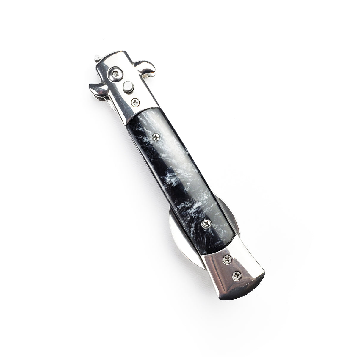 5" Spring Assisted Spoon with faux black marble handle, Gift novelty knife