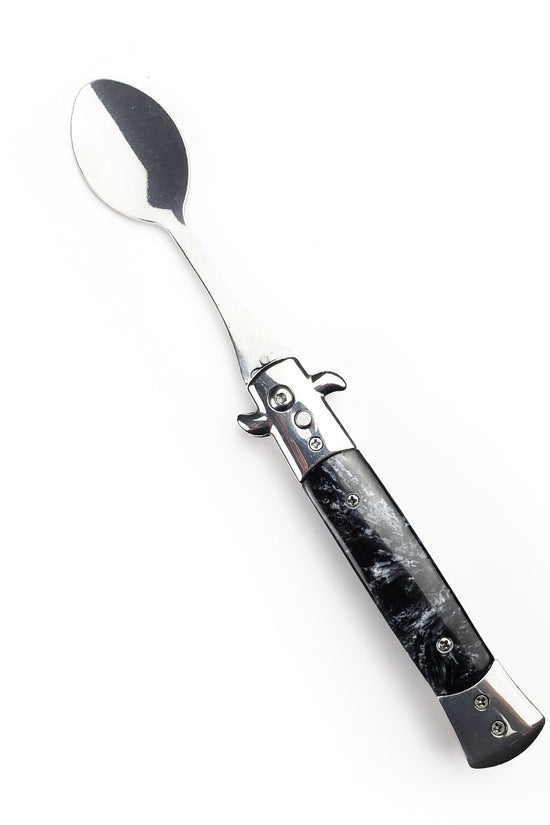 5" Spring Assisted Spoon with faux black marble handle, Gift novelty knife