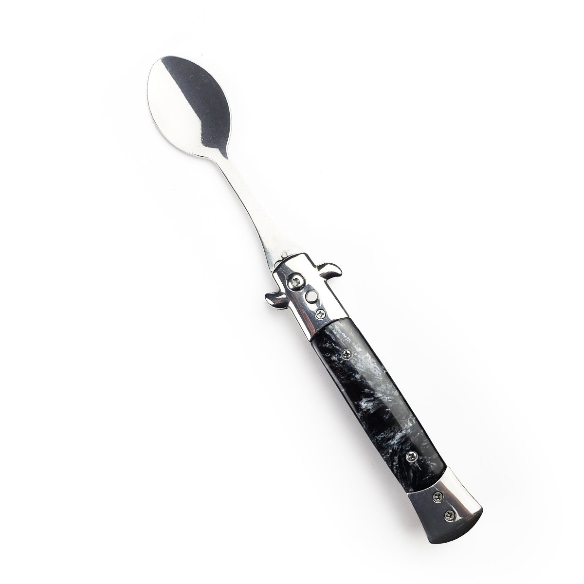 5" Spring Assisted Spoon with faux black marble handle, Gift novelty knife