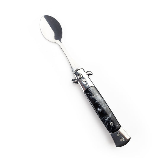 5" Spring Assisted Spoon with faux black marble handle, Gift novelty knife