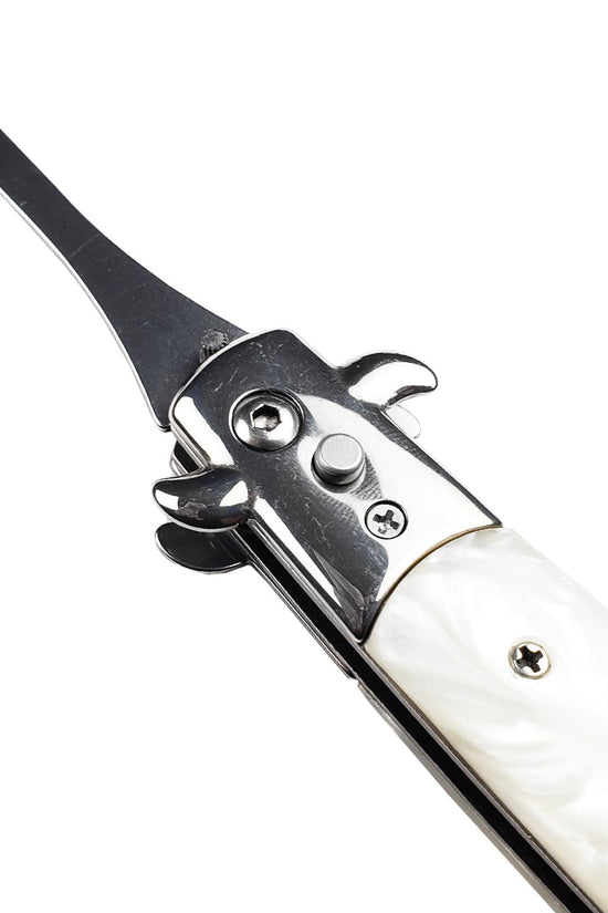 5" Spring Assisted Spoon with faux white marble handle, Gift novelty knife