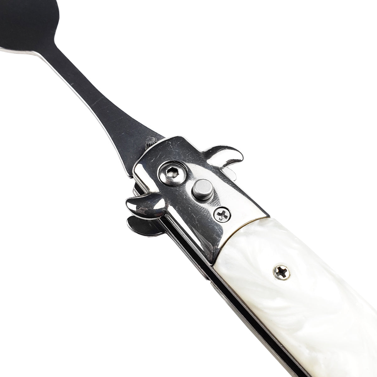 5" Spring Assisted Spoon with faux white marble handle, Gift novelty knife