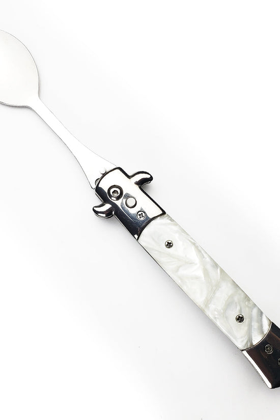 5" Spring Assisted Spoon with faux white marble handle, Gift novelty knife