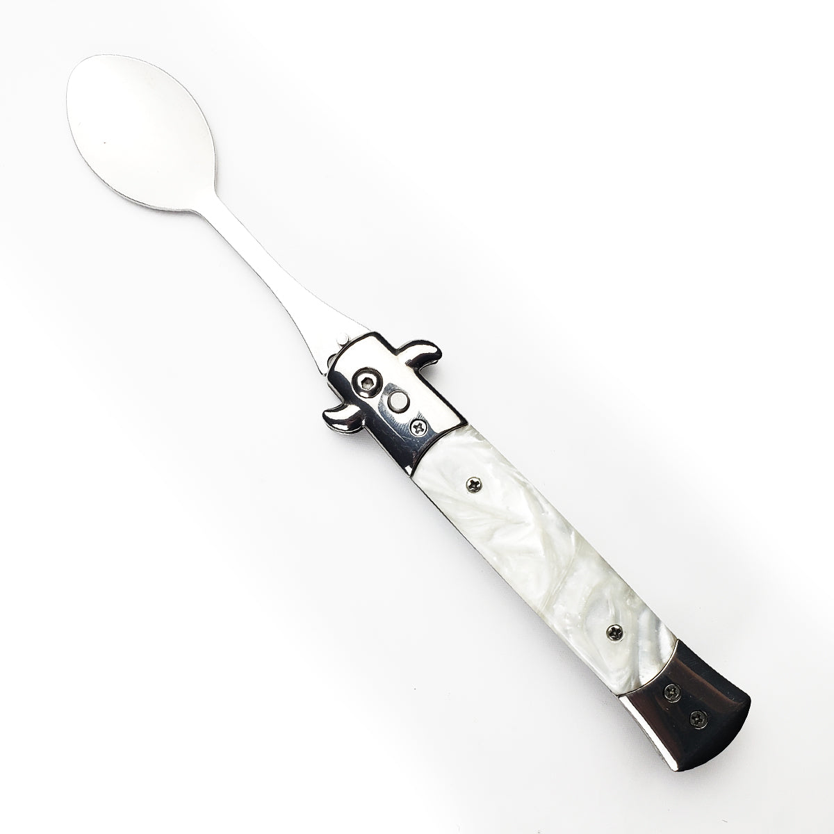 5" Spring Assisted Spoon with faux white marble handle, Gift novelty knife