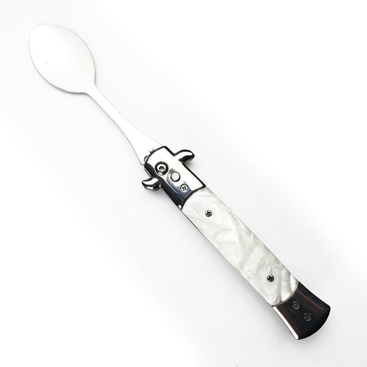 5" Spring Assisted Spoon with faux white marble handle, Gift novelty knife