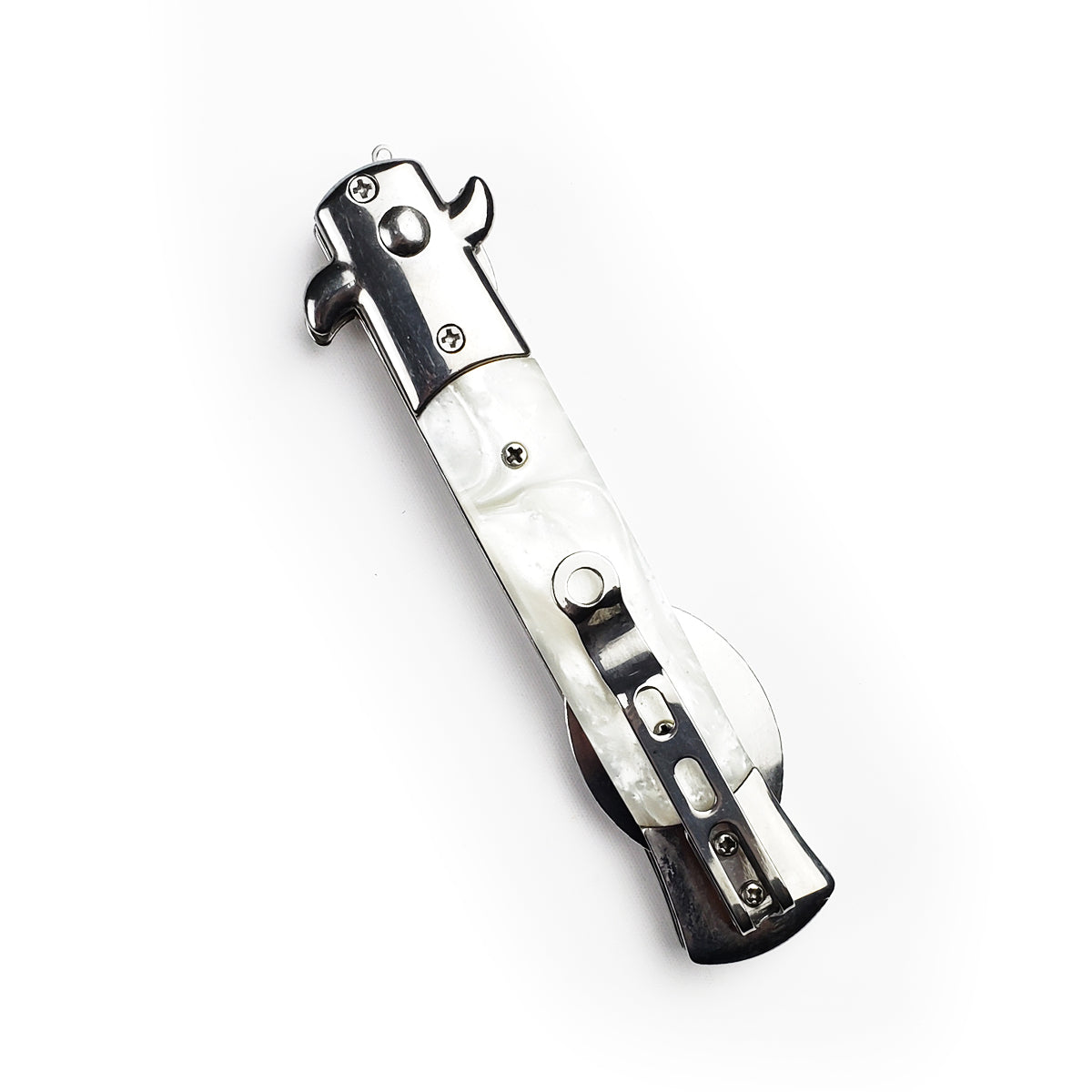 5" Spring Assisted Spoon with faux white marble handle, Gift novelty knife