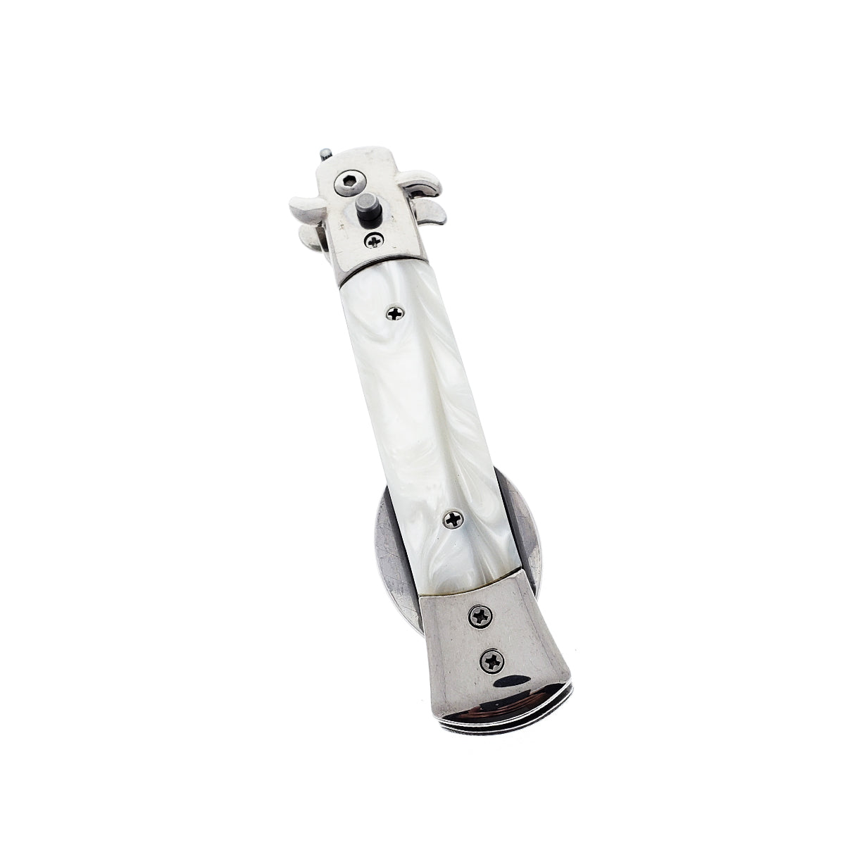 5" Spring Assisted Spoon with faux white marble handle, Gift novelty knife