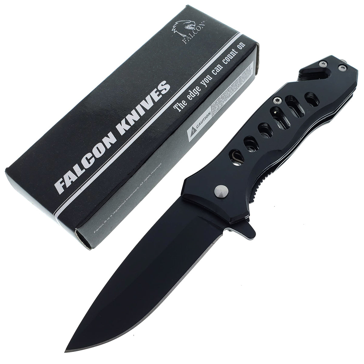 Falcon 6.5" Overall Spring Assisted Knife W/Seat Belt Cutter And Window Breaker Black