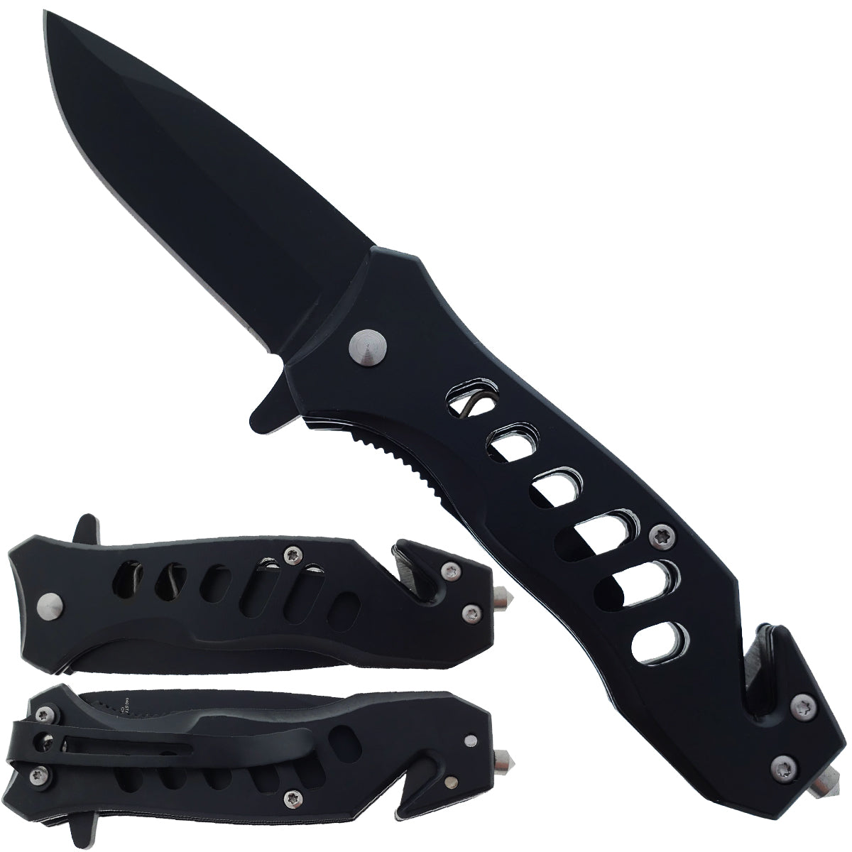 Falcon 6.5" Overall Spring Assisted Knife W/Seat Belt Cutter And Window Breaker Black