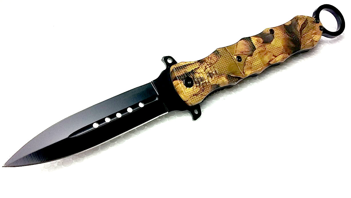 10" Pocket Knife with belt clip, Brown Leaves handle