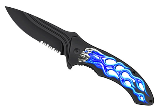 7 1/4" Spring Assisted Knife Blue Flame US Skull