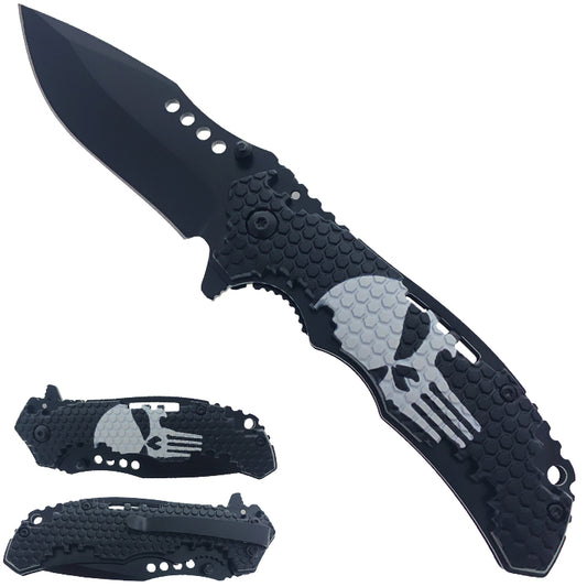 8.25" Spring Assisted Pocket Knife Skull ABS handle