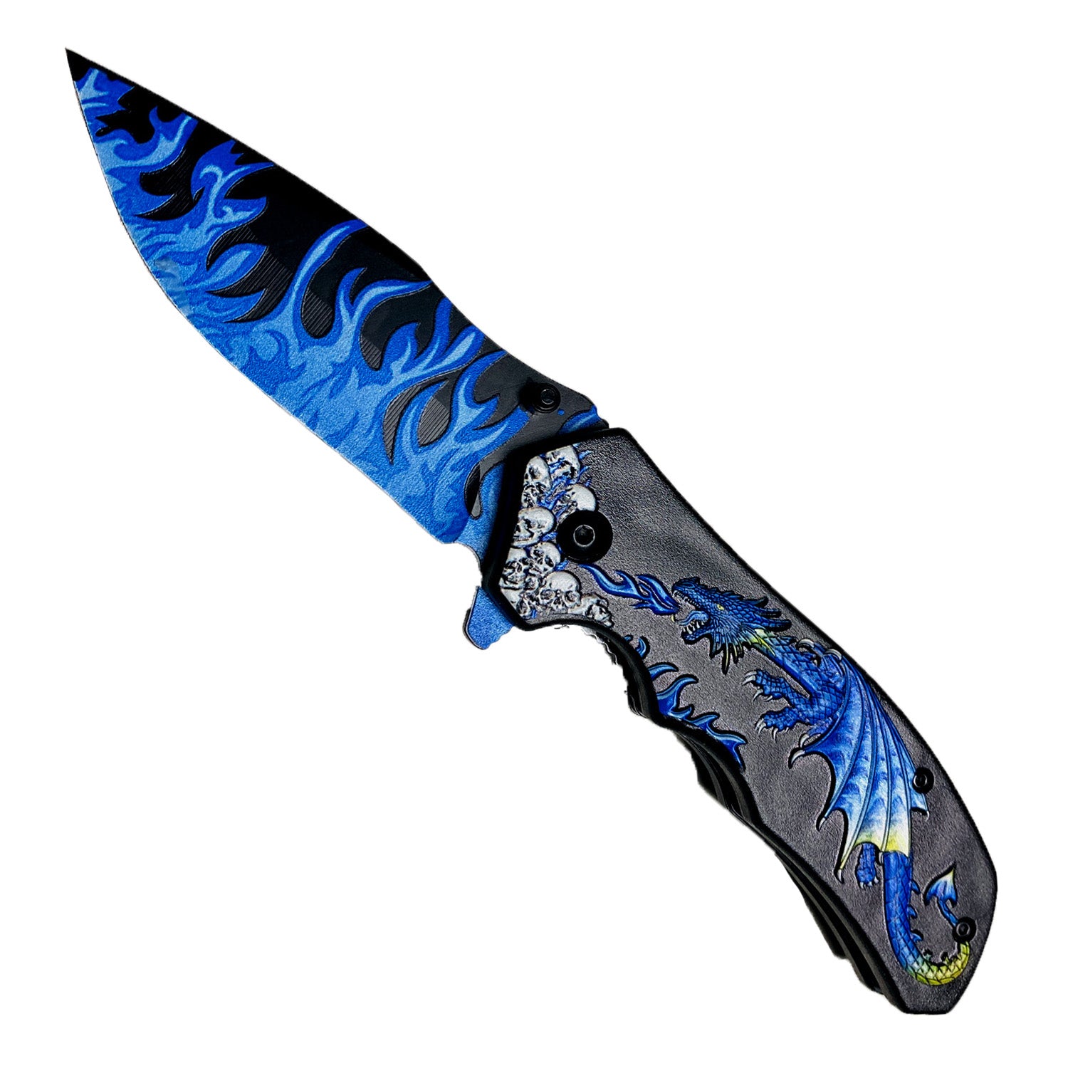 8.25" Overall in Length Spring Assisted Knife Blue Dragon Blue Flames