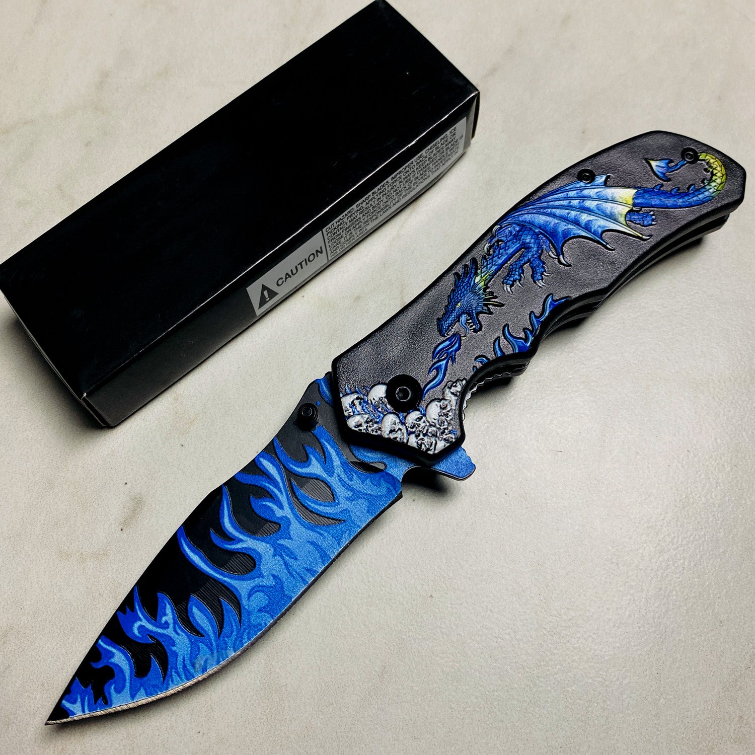 8.25" Overall in Length Spring Assisted Knife Blue Dragon Blue Flames