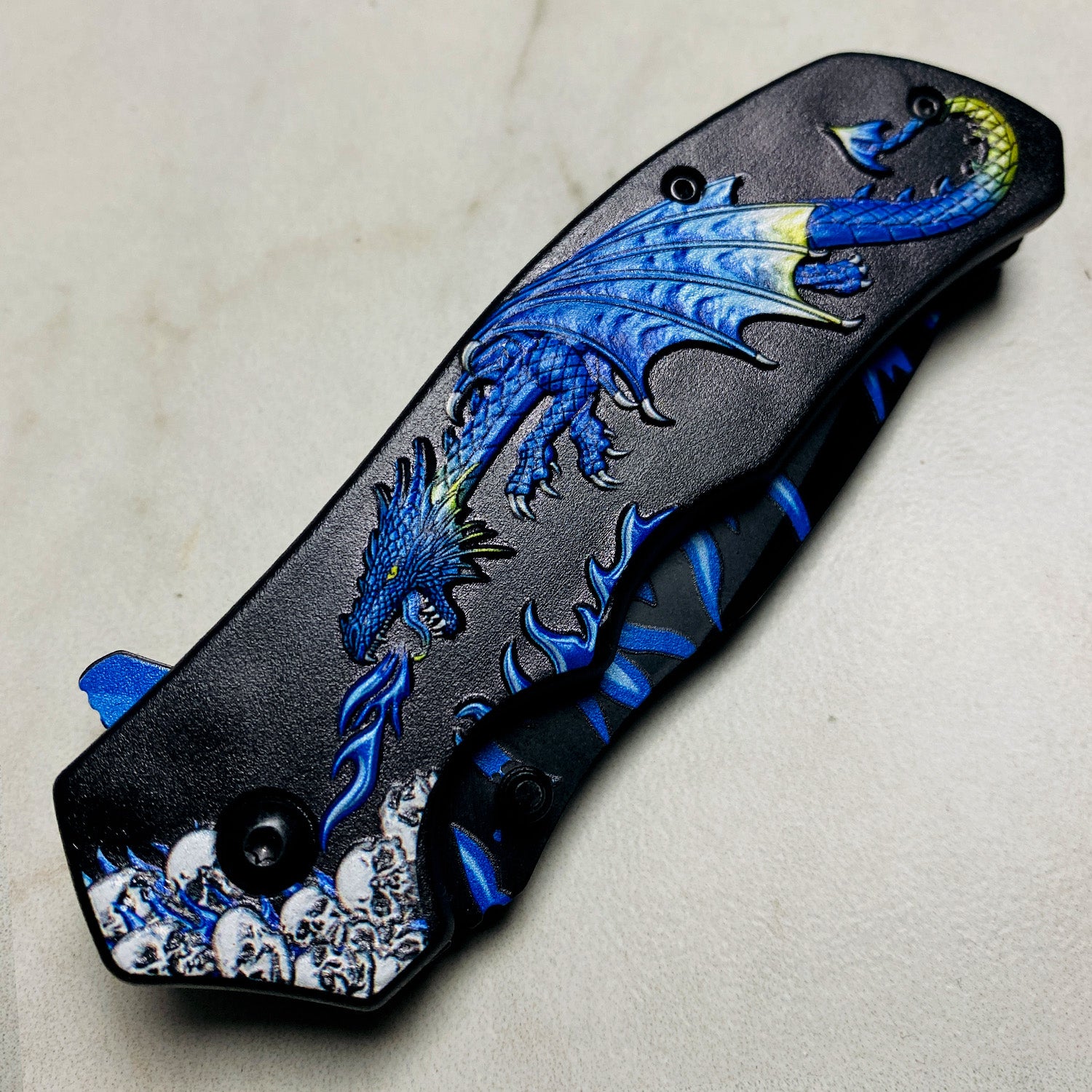 8.25" Overall in Length Spring Assisted Knife Blue Dragon Blue Flames