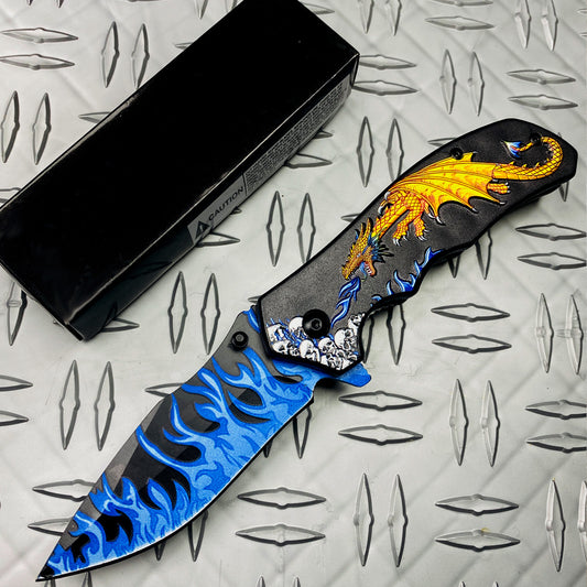 8.25" Overall in Length Spring Assisted Knife Yellow Dragon Blue Flames