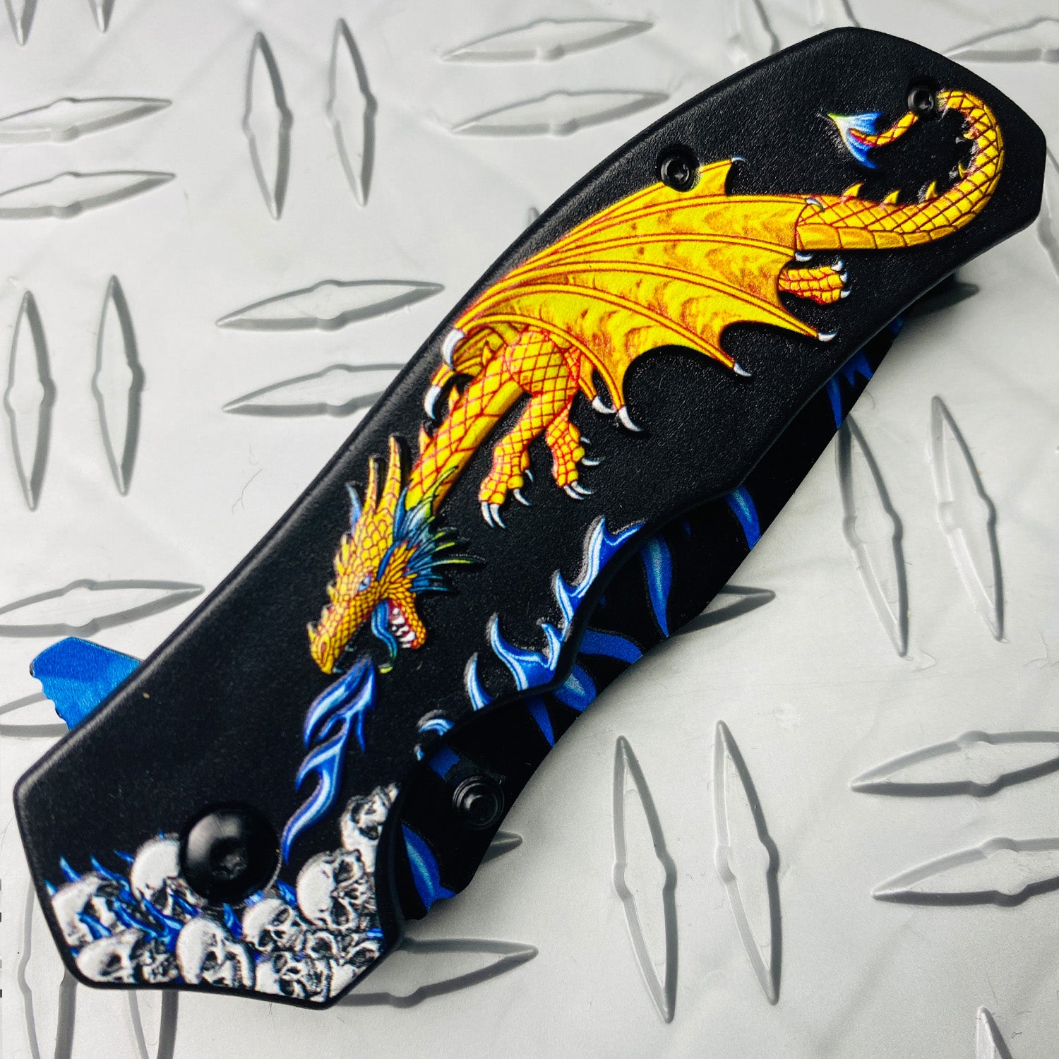 8.25" Overall in Length Spring Assisted Knife Yellow Dragon Blue Flames