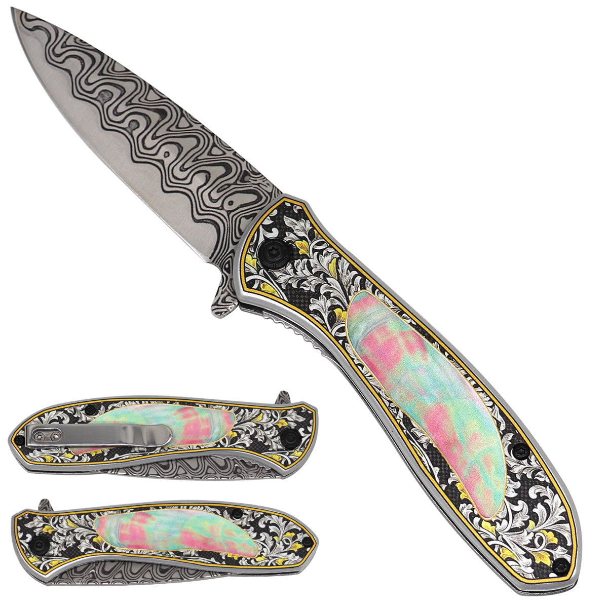 Falcon Pink & Cyan Pattern Spring-Assisted Pocket Knife | KS2045DM-2
