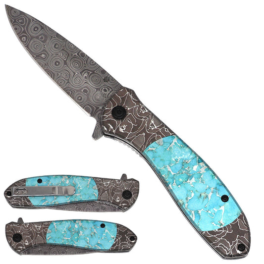 Falcon Cyan & White Pattern Spring-Assisted Pocket Knife | KS2045DM-4
