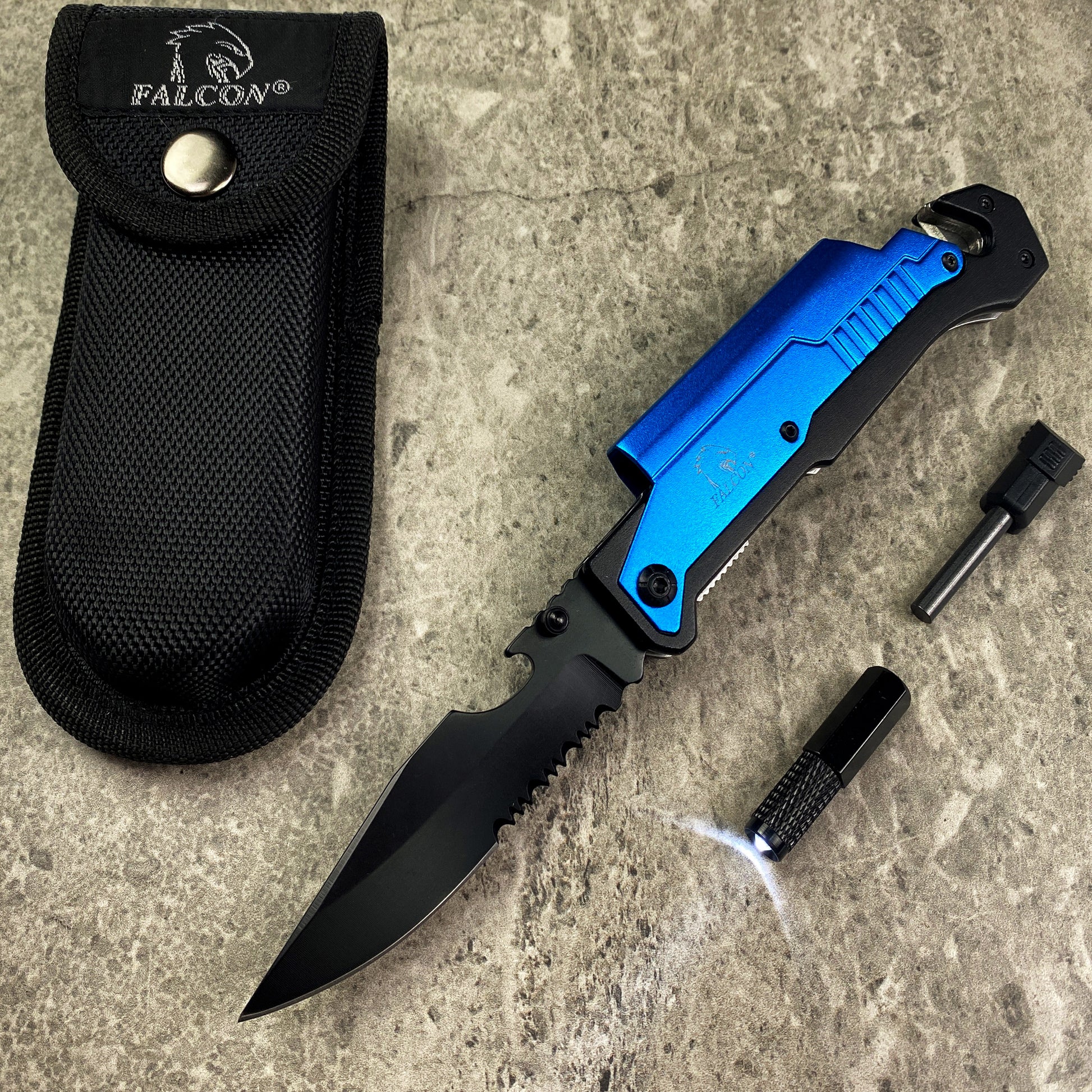 Falcon 8.25" Spring Assisted Knife Blue Handle w/ Fire Starter & Flashlight