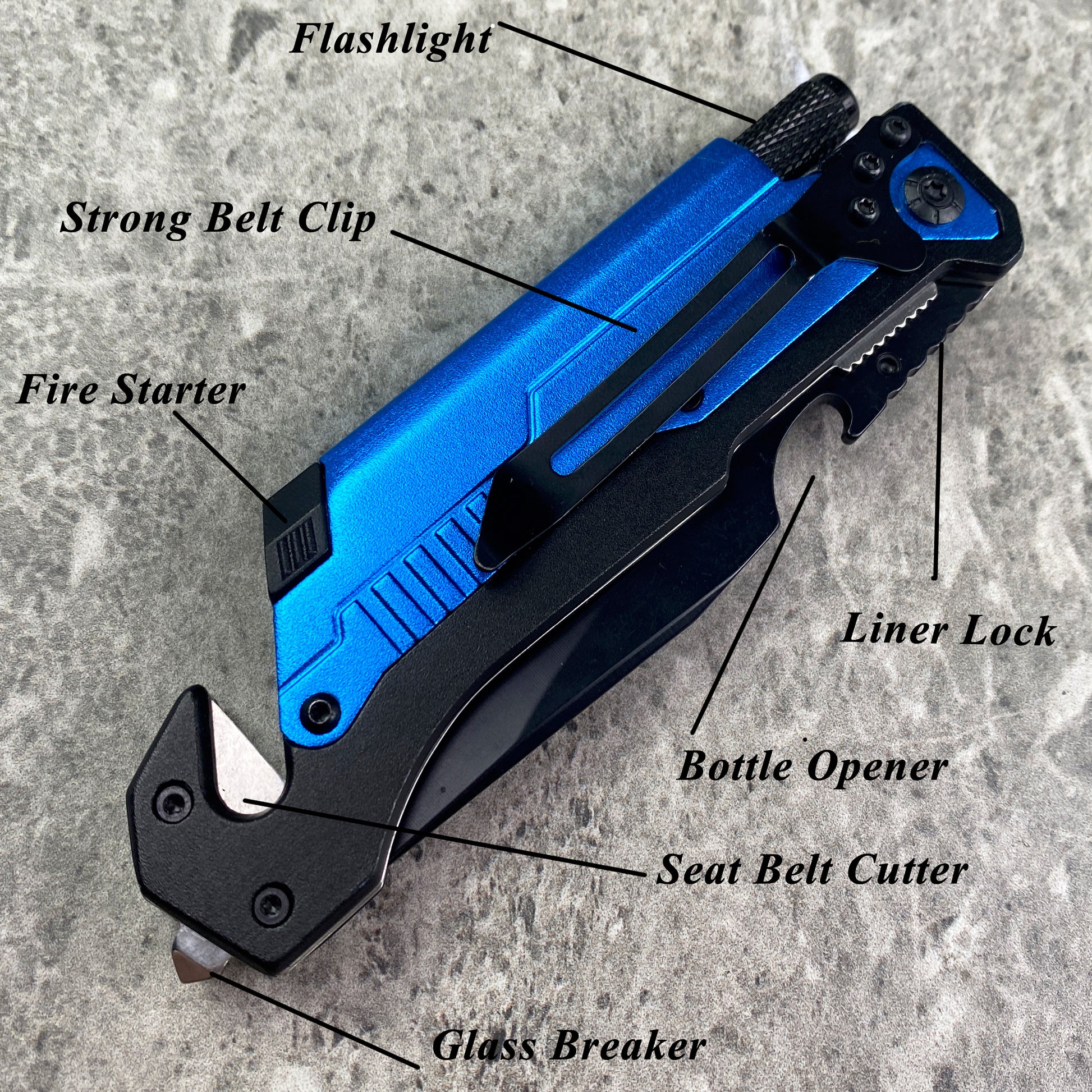 Falcon 8.25" Spring Assisted Knife Blue Handle w/ Fire Starter & Flashlight