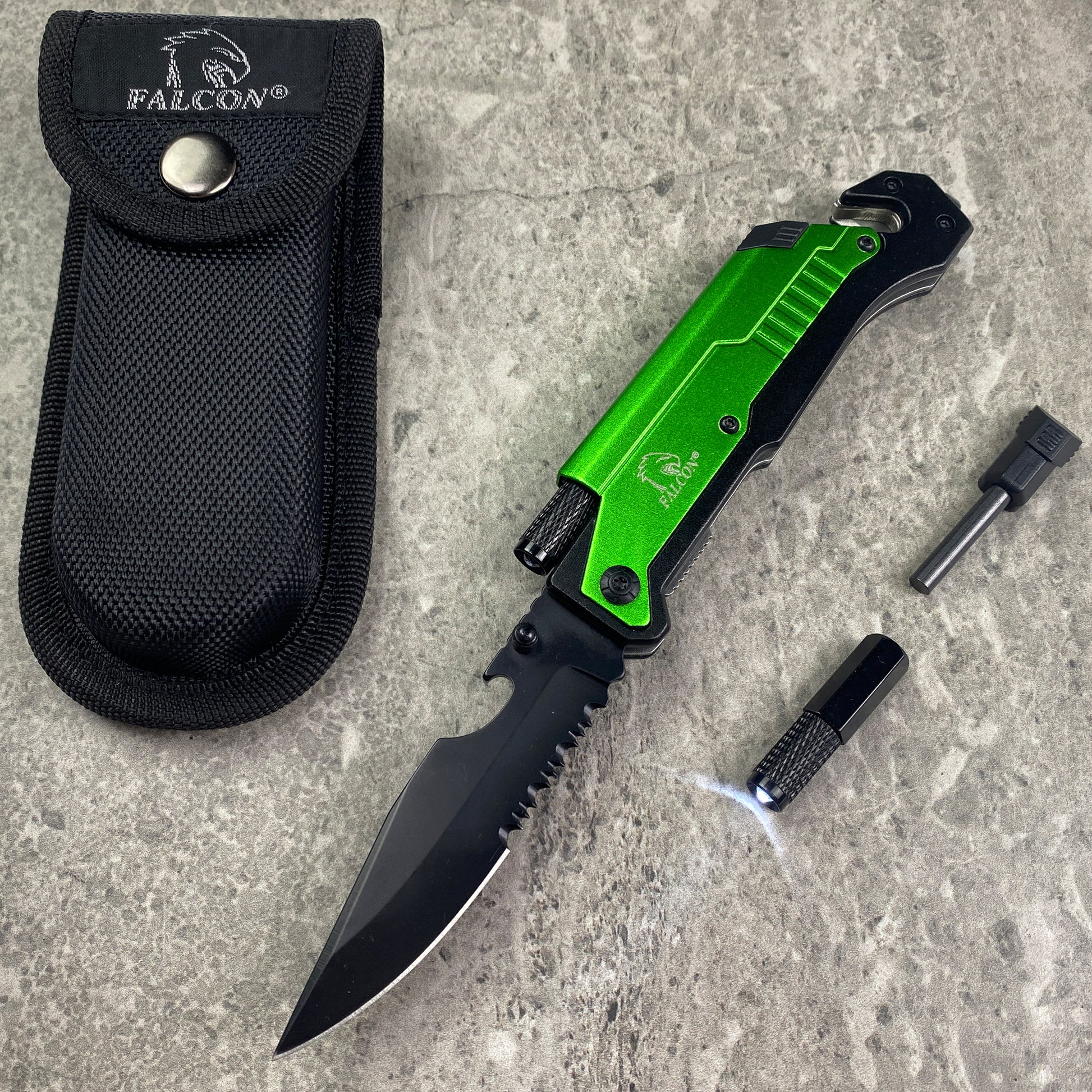 Falcon 8.25" Spring Assisted Knife Green Handle w/ Fire Starter & Flashlight