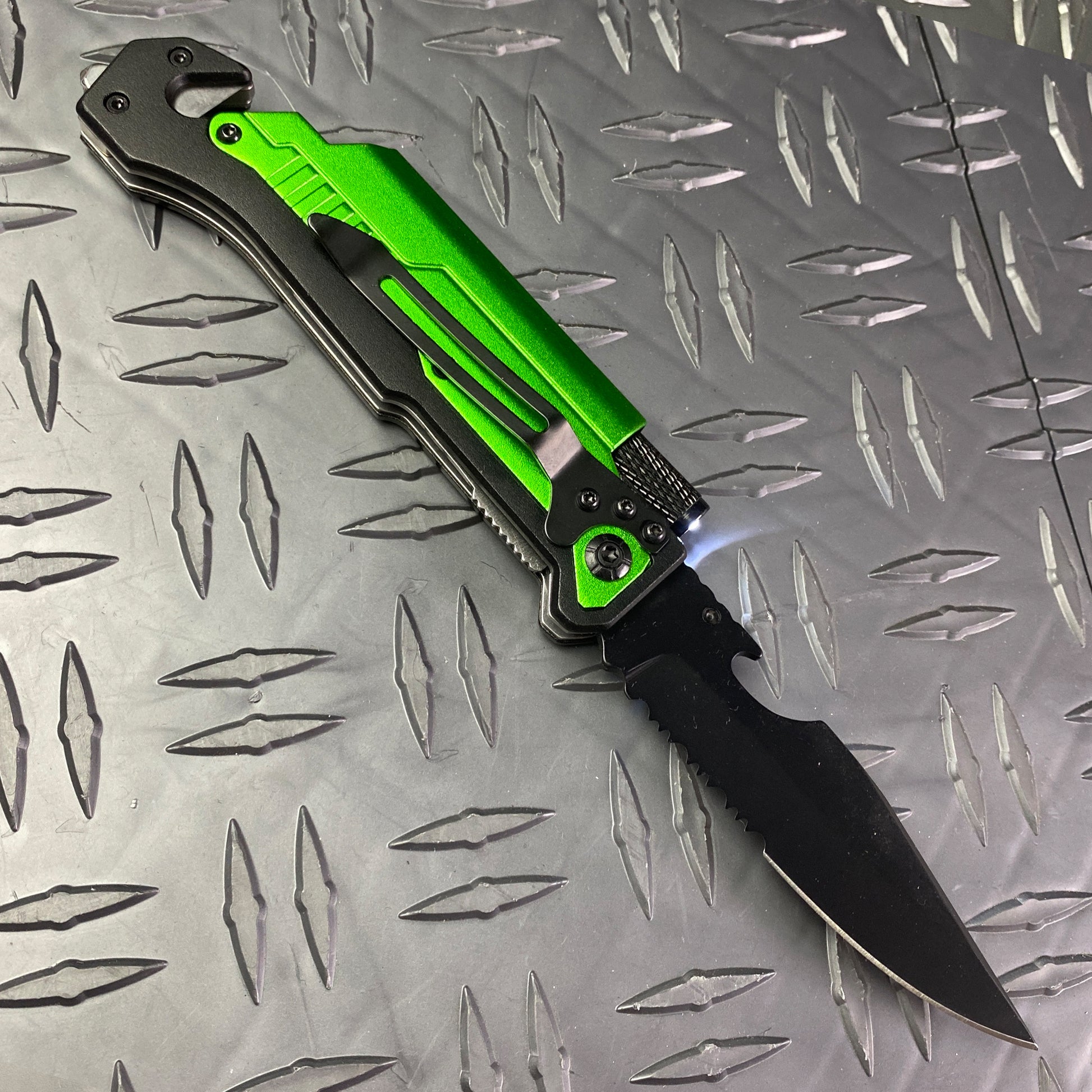 Falcon 8.25" Spring Assisted Knife Green Handle w/ Fire Starter & Flashlight