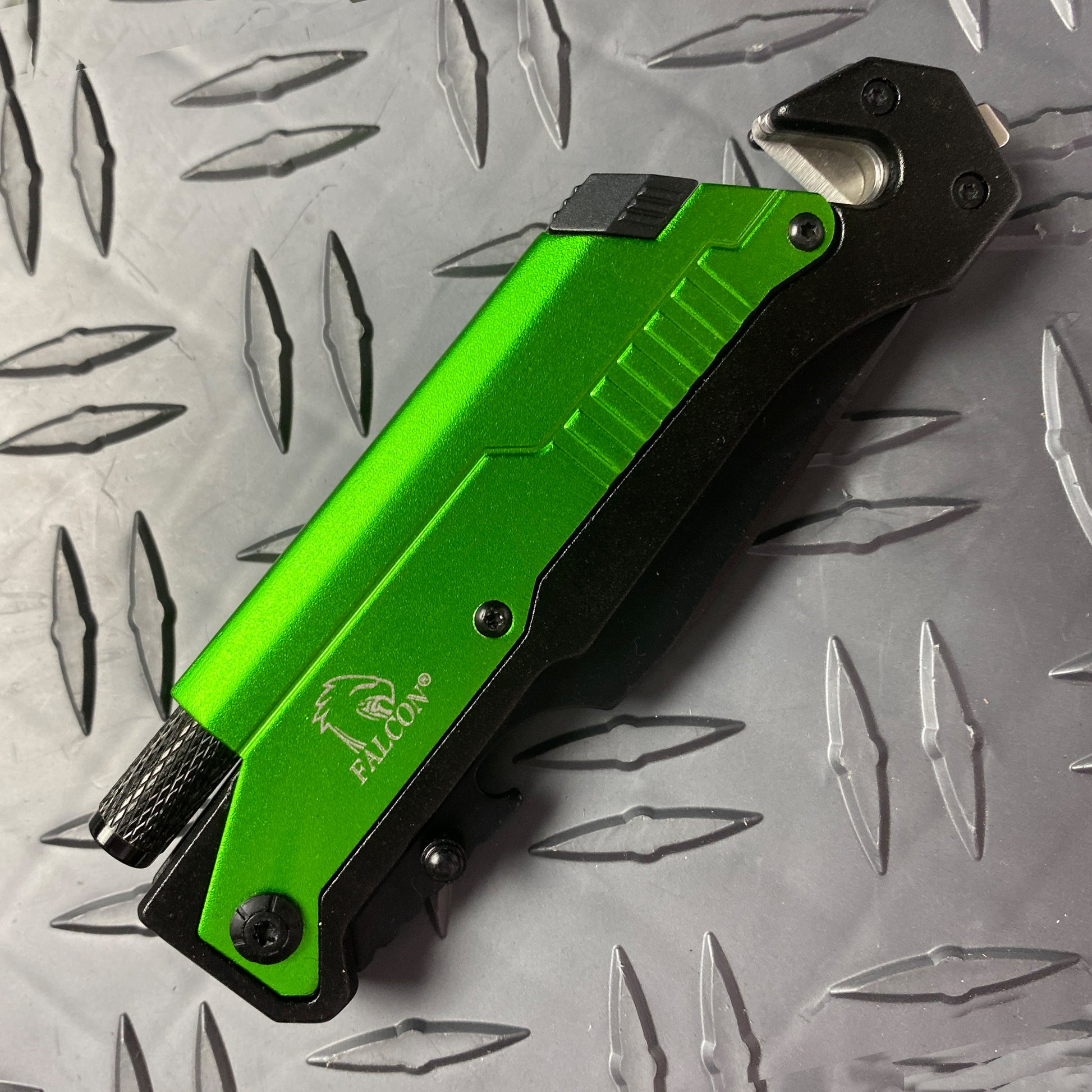 Falcon 8.25" Spring Assisted Knife Green Handle w/ Fire Starter & Flashlight