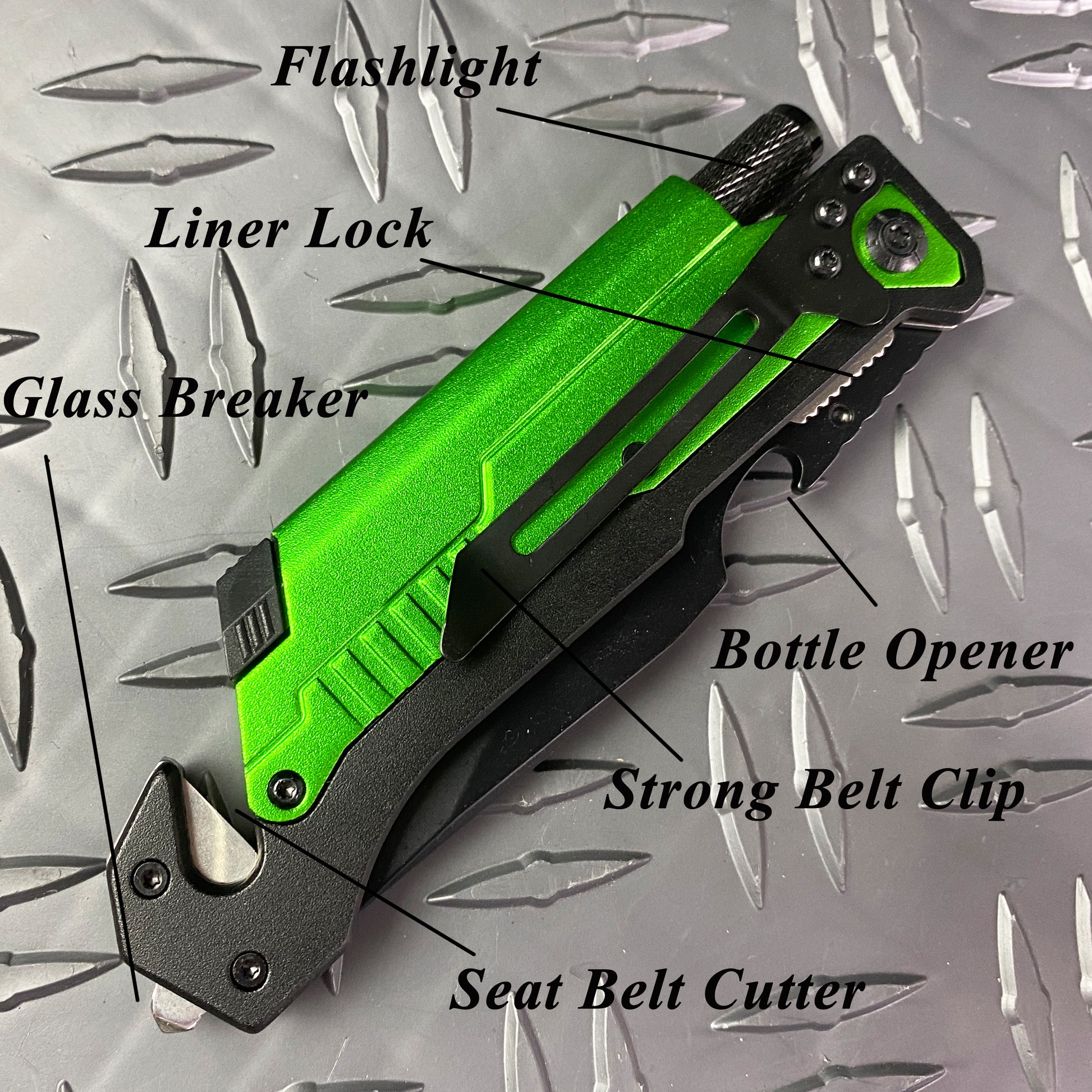 Falcon 8.25" Spring Assisted Knife Green Handle w/ Fire Starter & Flashlight