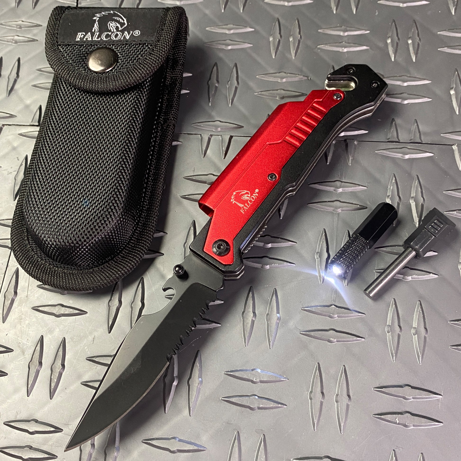 Falcon 8.25" Spring Assisted Knife Red Handle w/ Fire Starter & Flashlight