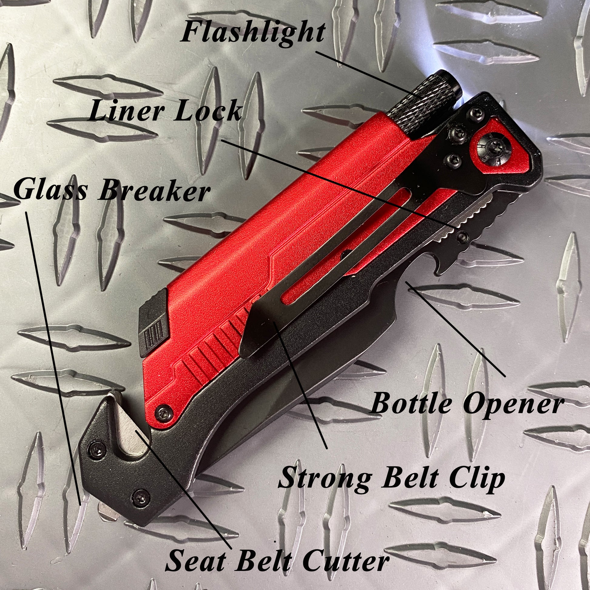 Falcon 8.25" Spring Assisted Knife Red Handle w/ Fire Starter & Flashlight