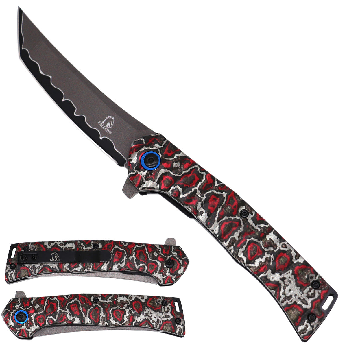 Falcon Psychedelic Red & Gray Spring Assisted Pocket Knife - Aluminum Handle - Pacific Solution wholesale pocket knife SKU KS2420-2