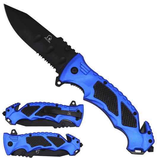 Blue Tactical Textured Grip Spring Assisted Pocket Knife - Navy Handle