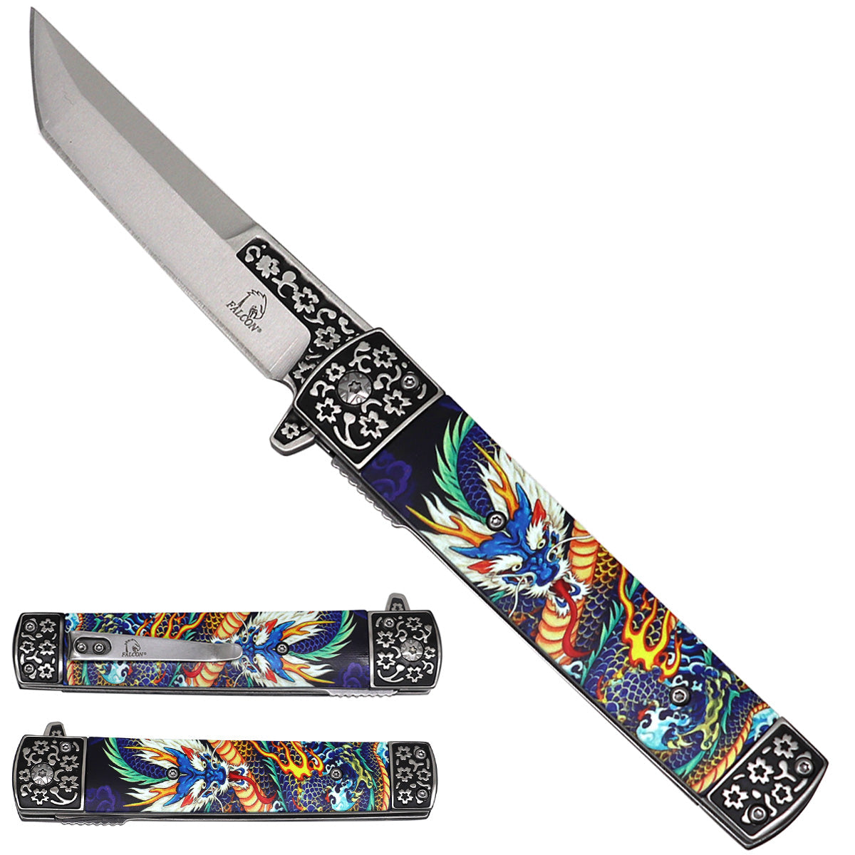 Falcon Dragon Tanto Spring Assisted Pocket Knife - 3D Printed Handle - Pacific Solution wholesale pocket knife SKU KS2538DG